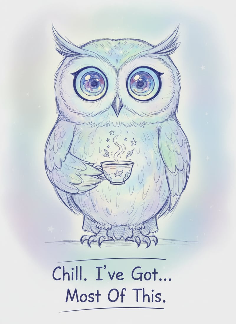 Sketchy Owl with Tea and Calm Chaos
