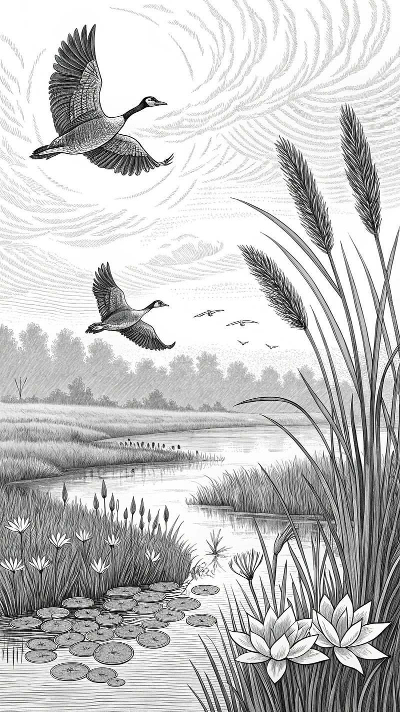 Serene Marshland Wildlife Line Art