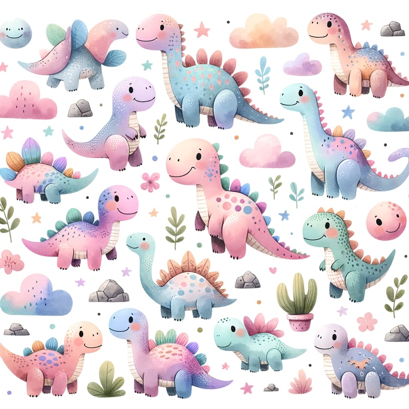 Kawaii Watercolor Cute Dinosaurs Set