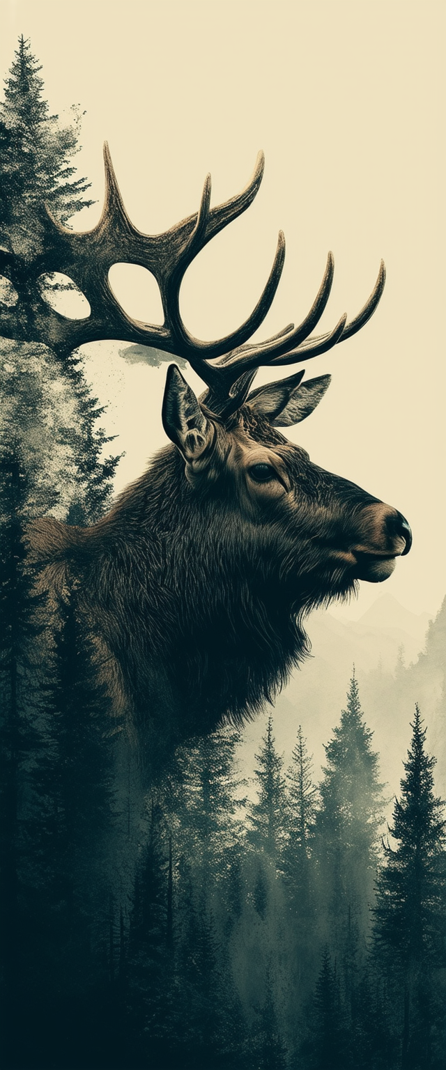 Double Exposure Elk and Forest Design