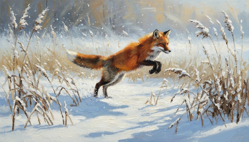 Red Fox Bounding Through Snowy Reeds