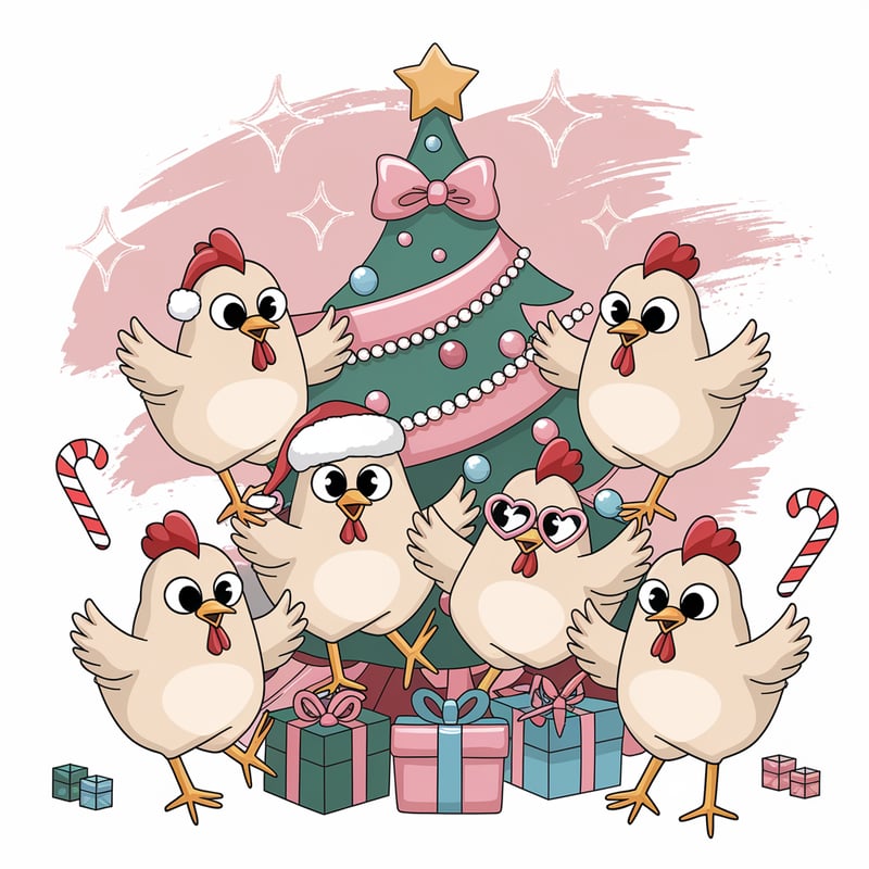 Cute Cartoon Chickens at Christmas Tree