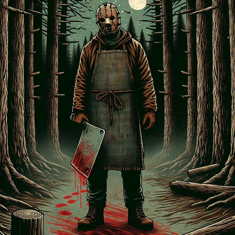 Masked Figure in Misty Pine Forest
