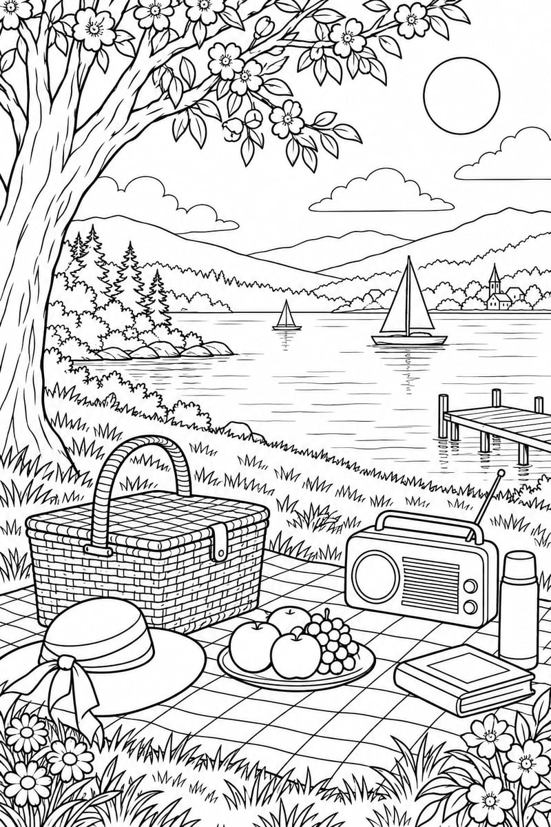 Spring Park Picnic Coloring Page