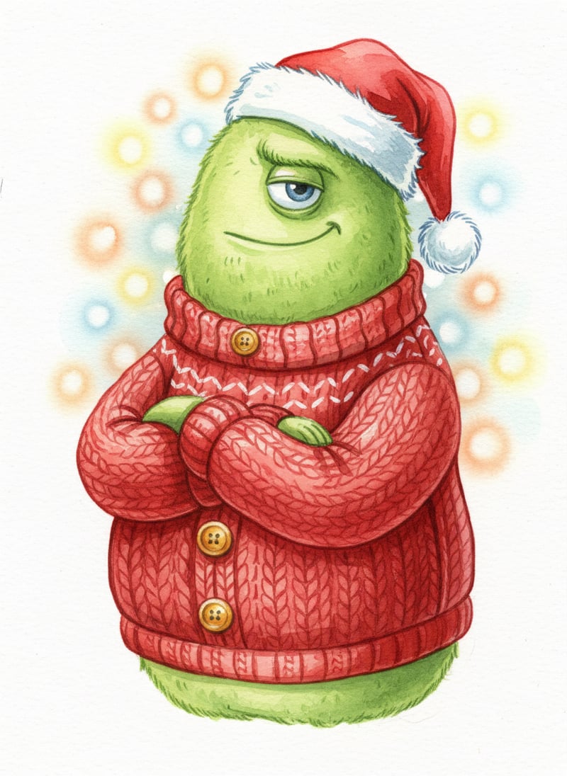 Fluffy Green Creature in Santa Hat