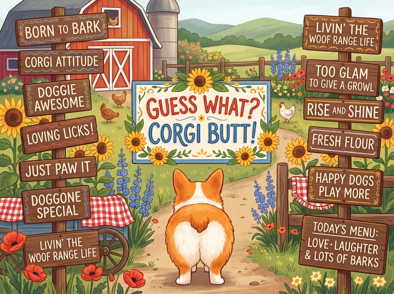 Whimsical Corgi Butt Farm Illustration