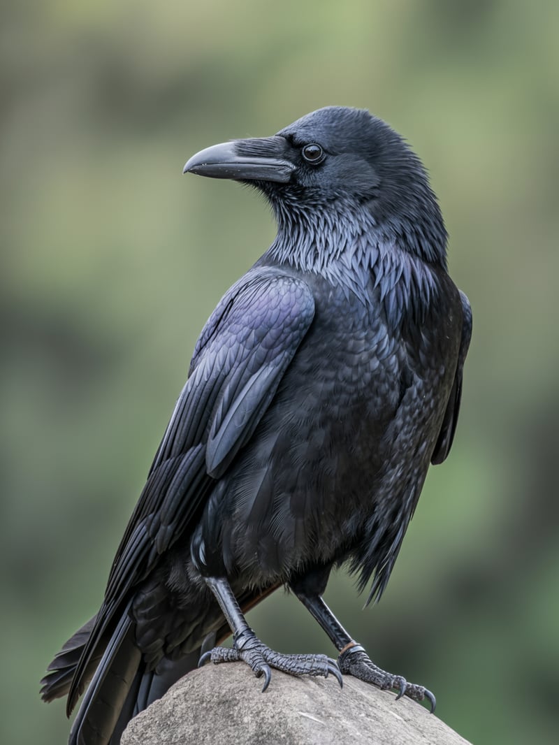 Watchful Raven Perched with Textured Feathers