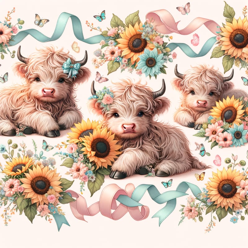 Baby Highland Cows with Sunflower Pattern