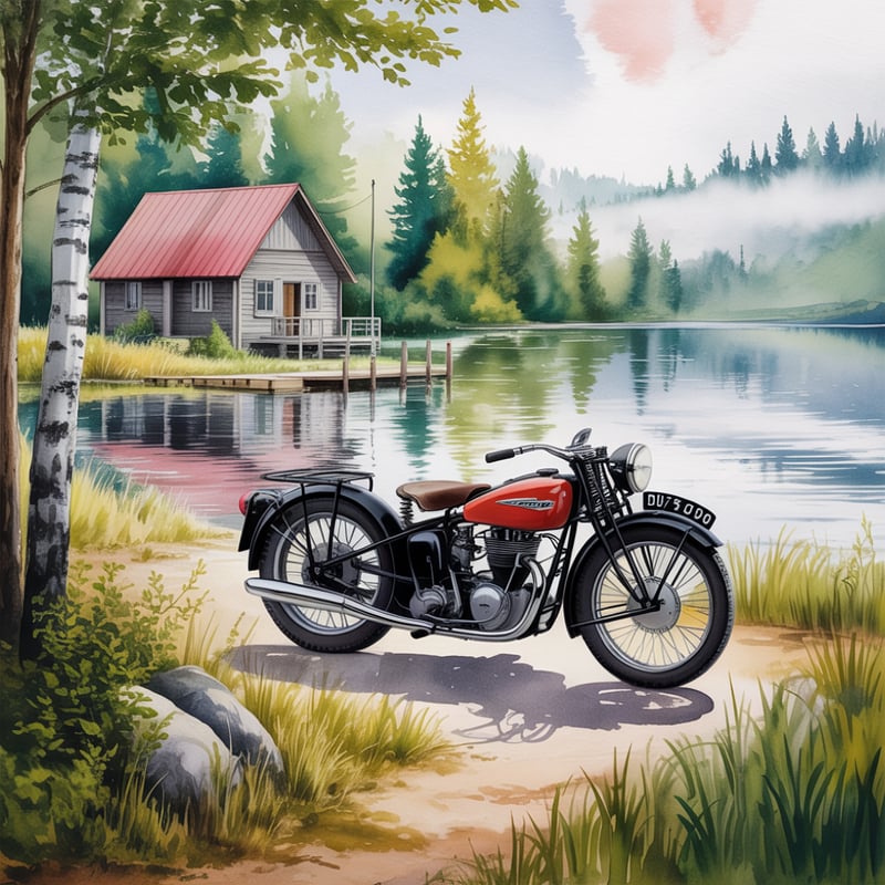 Watercolor Vintage Motorcycle Scene