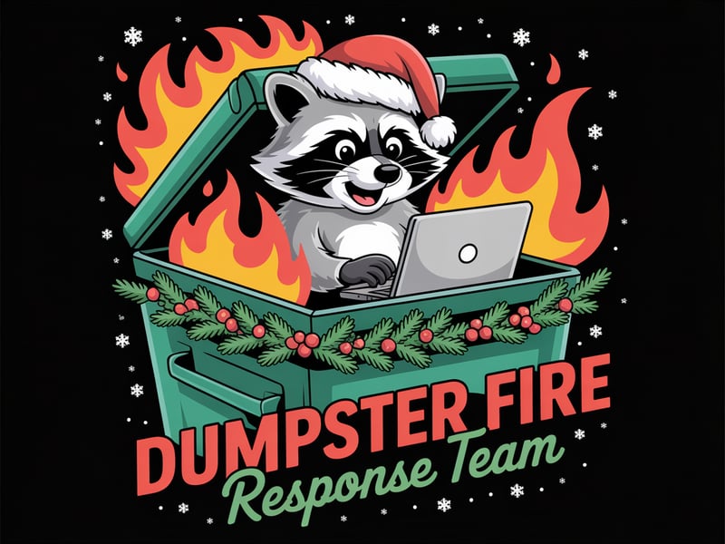 Festive Raccoon in Holiday Dumpster Fire
