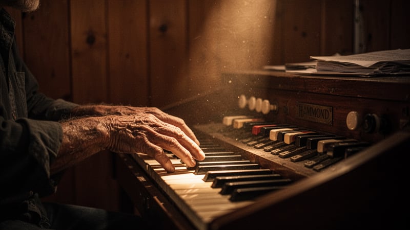 Close-Up of Weathered Hands on Hammond Organ