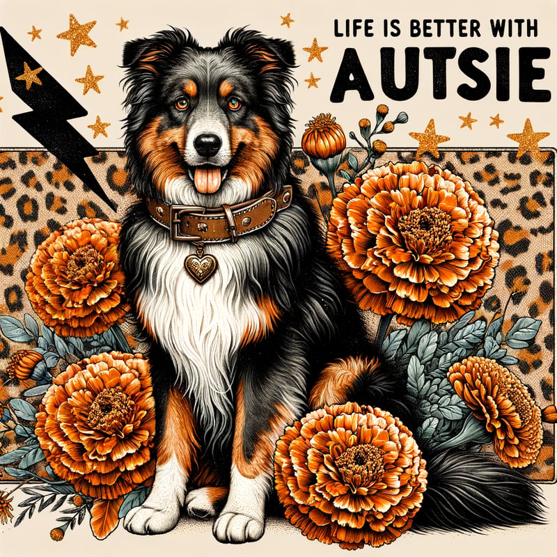 Australian Shepherd with Marigolds Art