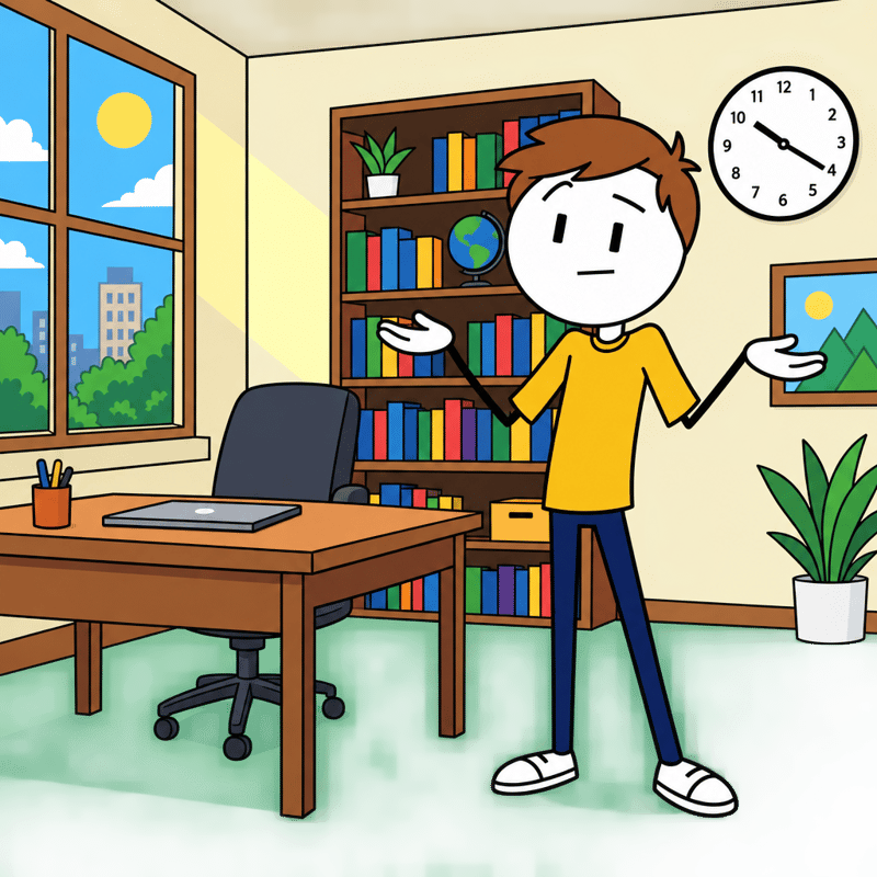 Flat 2D Cartoon Office with Stick Figure