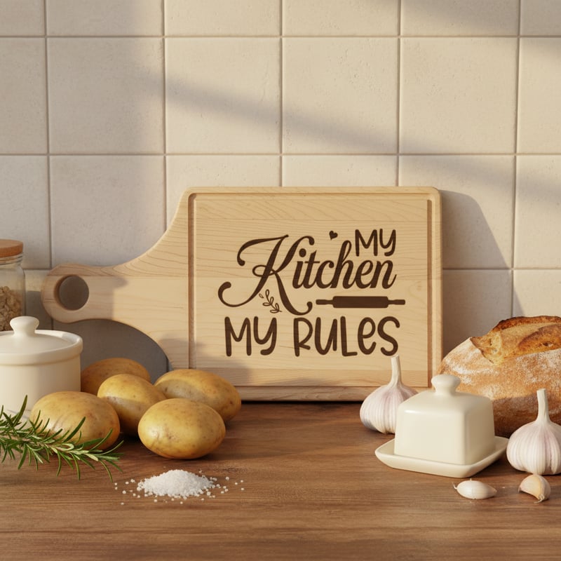Engraved Wooden Board in Cozy Kitchen