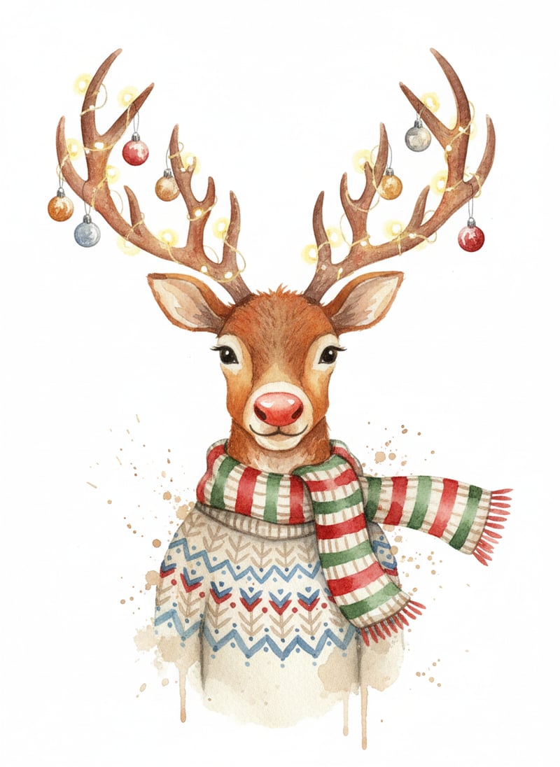 Watercolor Reindeer in Cozy Sweater