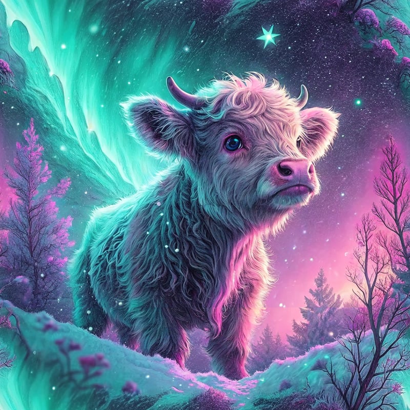 Cute Highland Calf with Neon Aurora