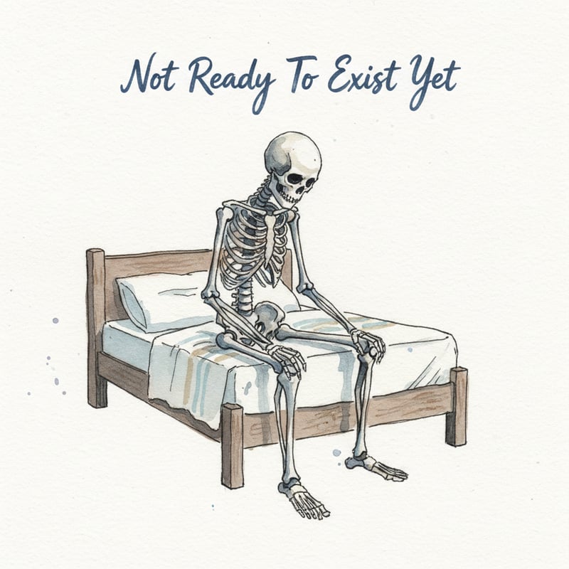 Watercolor Skeleton Sitting on Bed