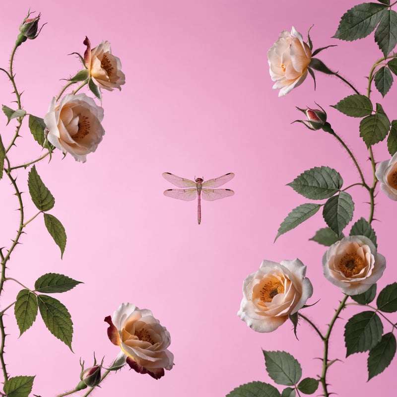 Photorealistic Dragonfly with White Roses