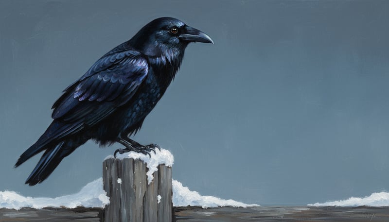 Allegorical Crow on Snowy Fencepost