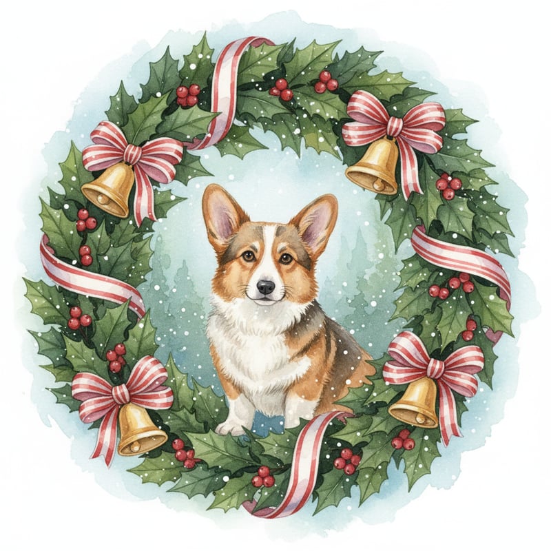 Watercolor Corgi in Christmas Wreath