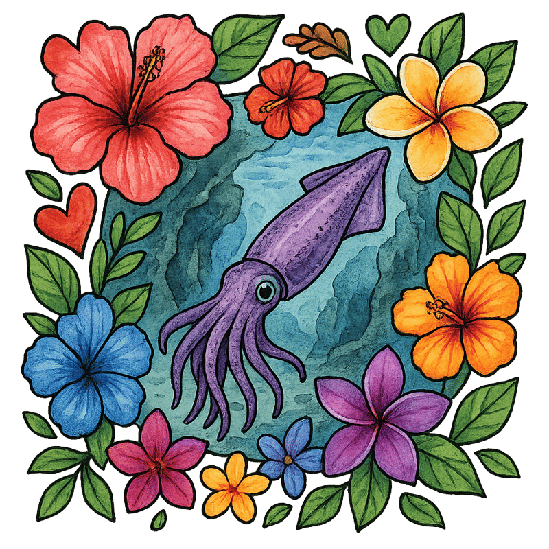 Watercolor Squid in Tropical Flowers