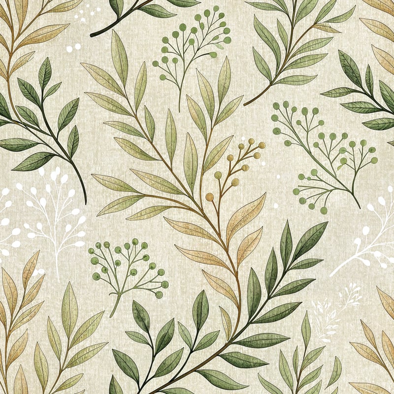 Olive and Linen Beige Branch Pattern