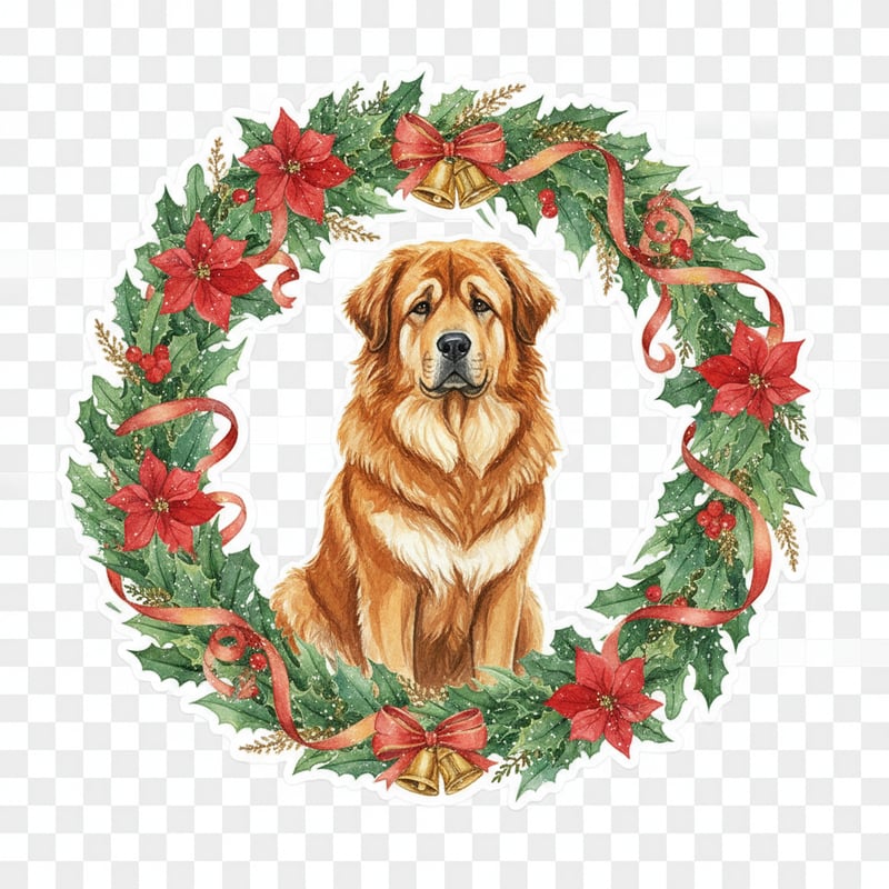 Watercolor Tibetan Mastiff in Christmas Wreath