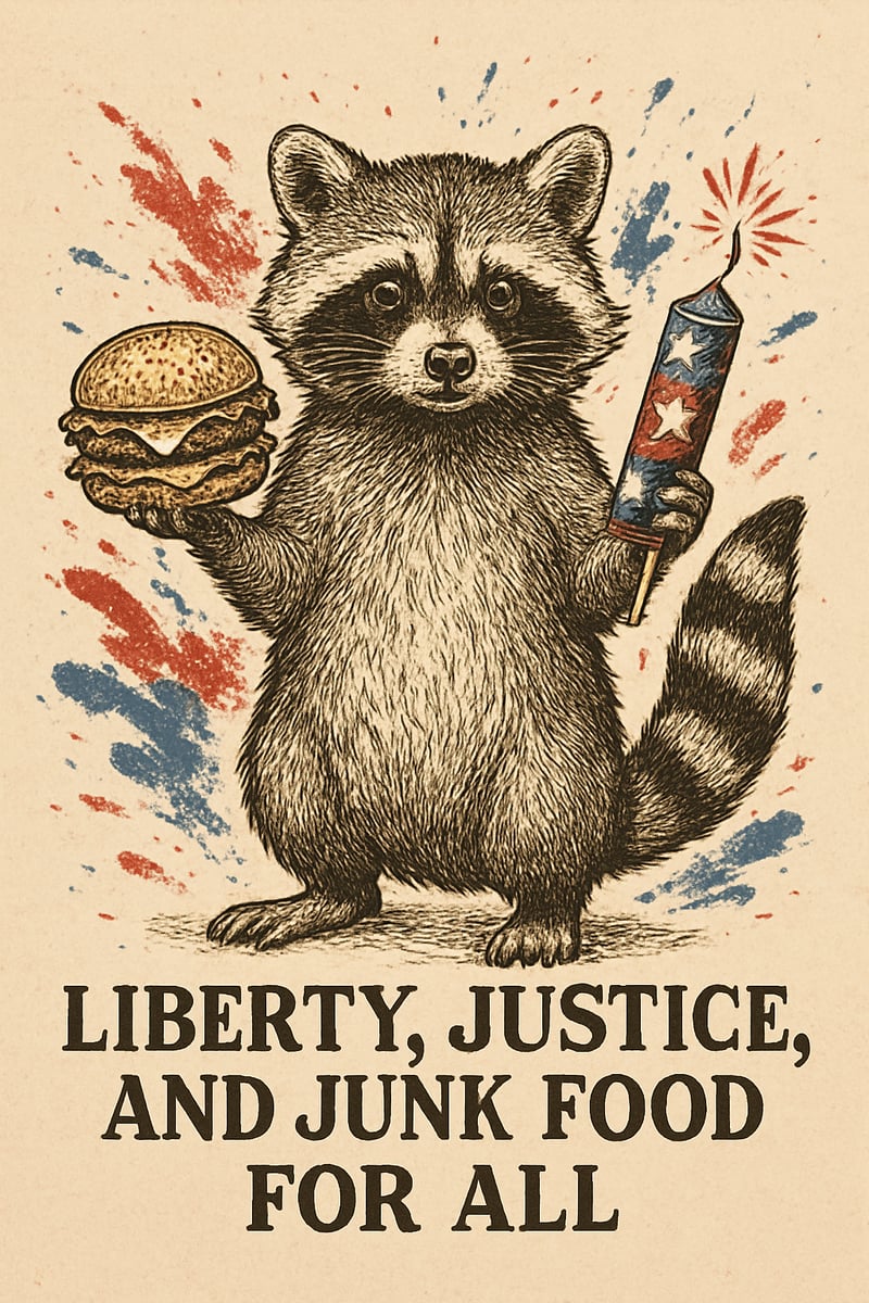 Vintage Raccoon with Burger and Firecracker