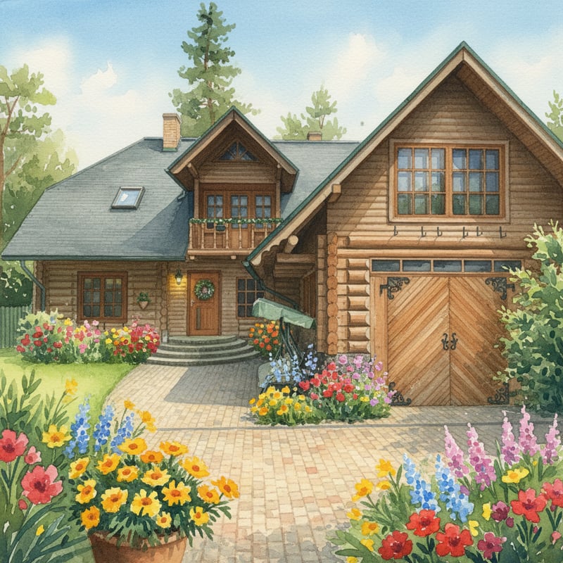 Watercolor Summer House Scene