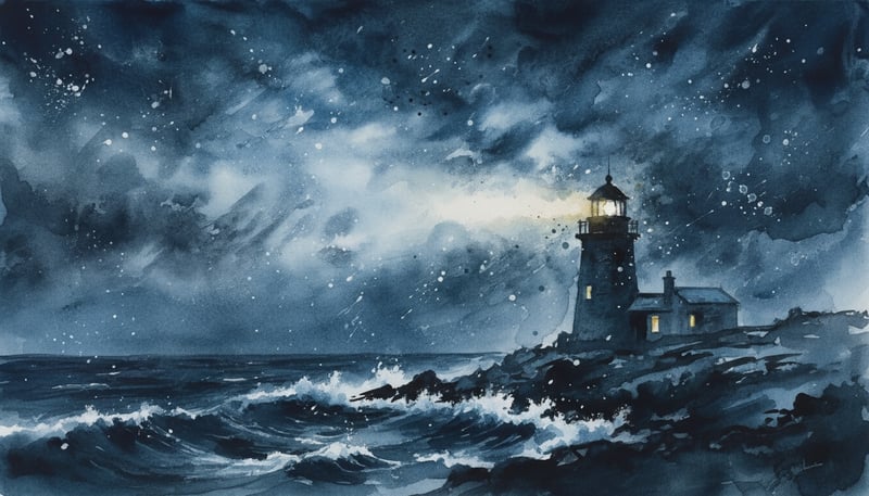 Lighthouse Beam Cutting Through Snowy Night