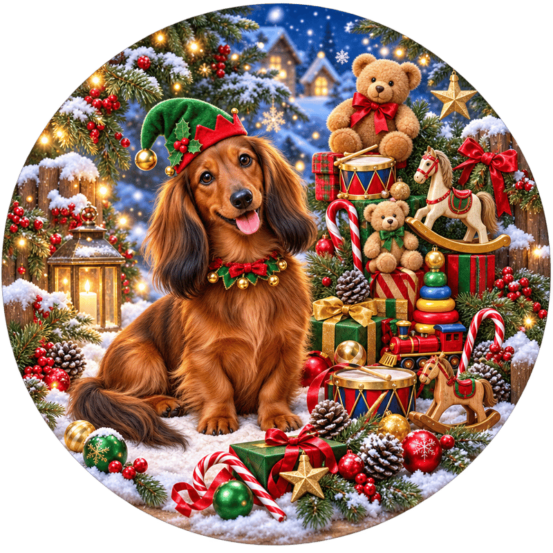 Red Longhaired Dachshund Holiday Circle