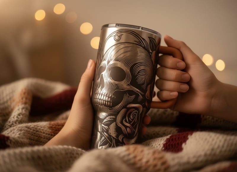 Close-up of hands holding terracotta tumbler