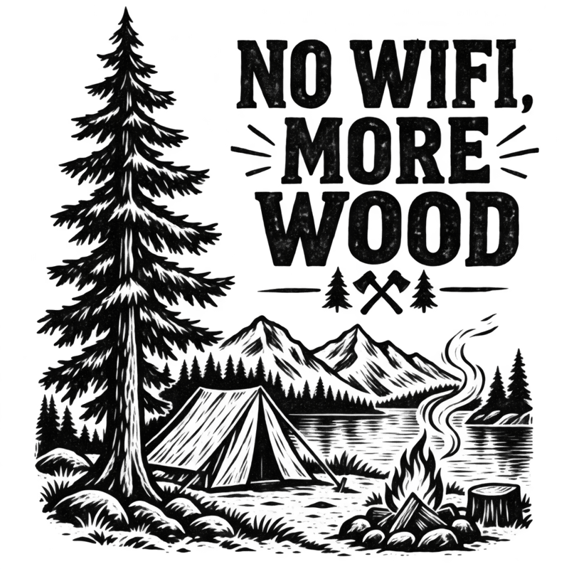 No WiFi Woodcut — Pine Tree & Tent