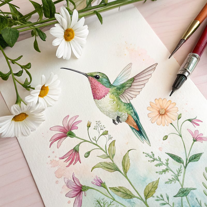 Watercolor Hummingbird with Flowers