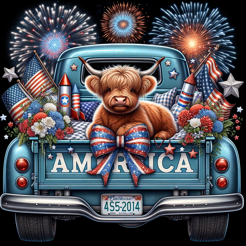 Fluffy Highland Cow in Patriotic Pickup
