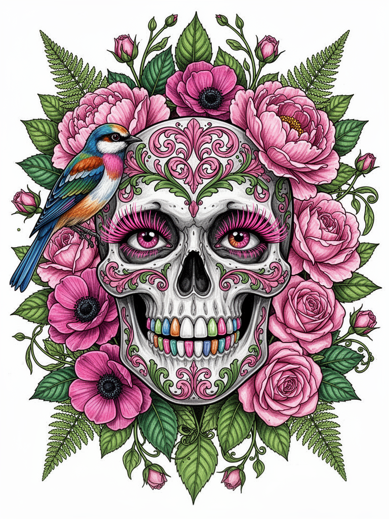 Stylized Skull with Pink Floral Art