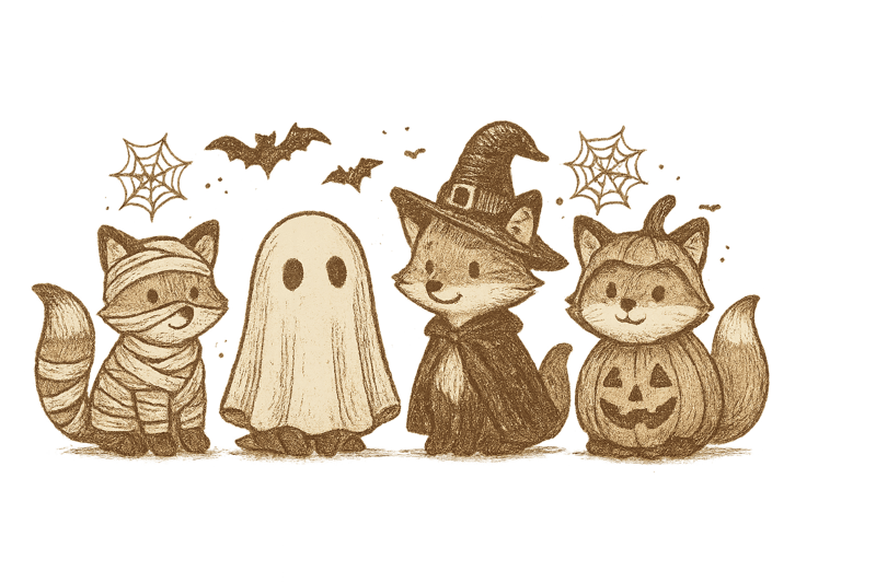 Vintage Halloween Foxes Illustration