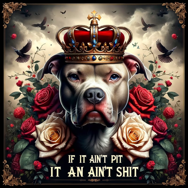 White Pitbull with Crown and Roses