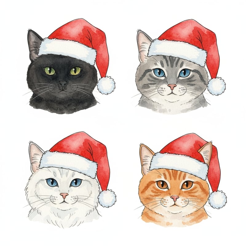 Cats in Christmas Hats Watercolor Portraits