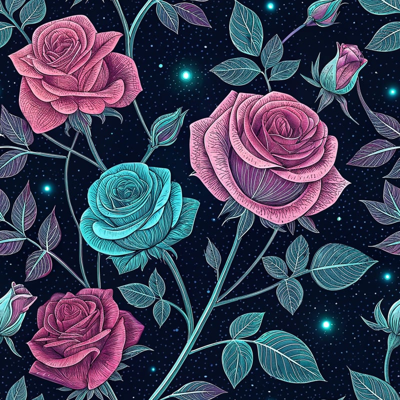 Neon Wireframe Roses Pattern