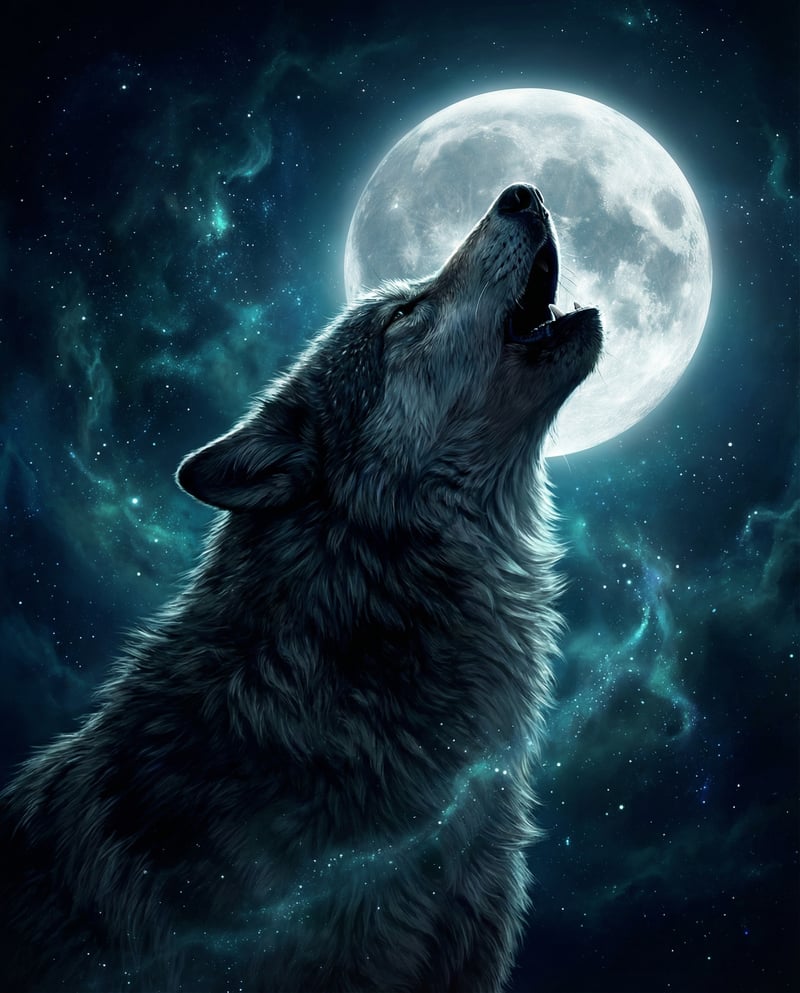 Surreal Wolf Howling at Full Moon