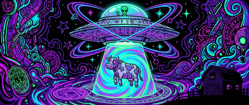 Glowing Saucer with Alien and Robotic Cow