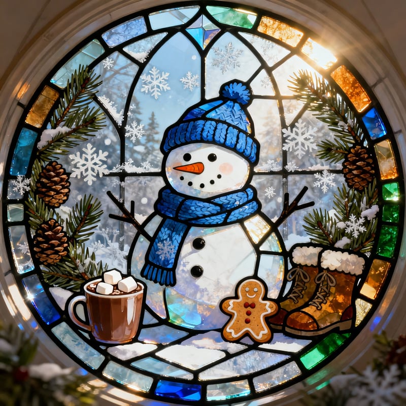 Cheerful Christmas Snowman Stained Glass