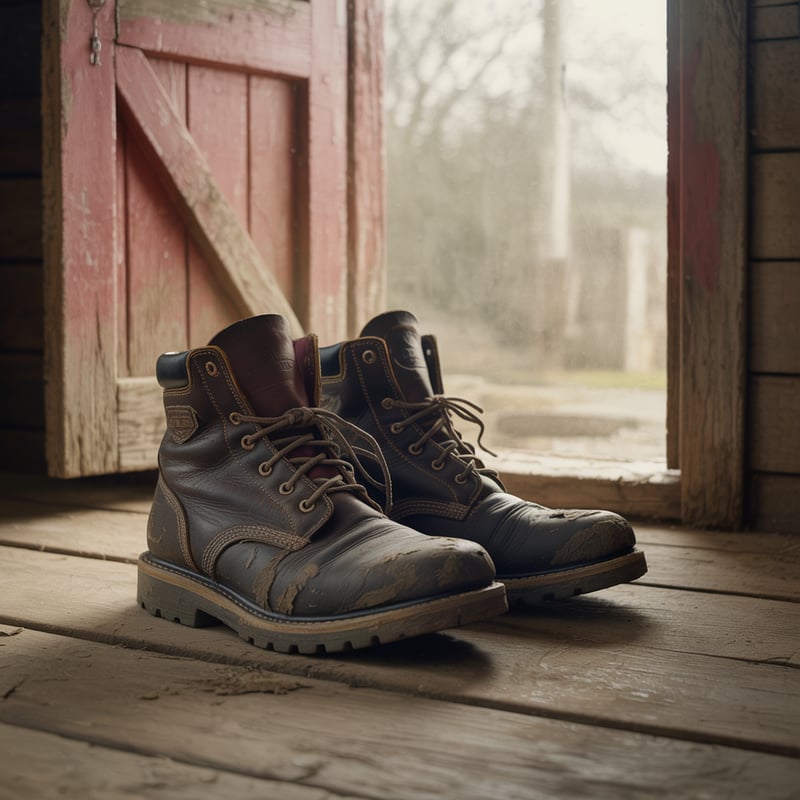 Worn Leather Work Boots on Dusty Floor