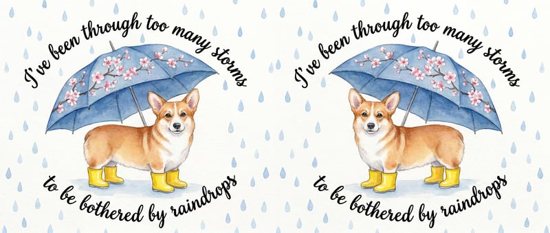 Corgi in Rain Boots with Cherry Blossom Umbrella