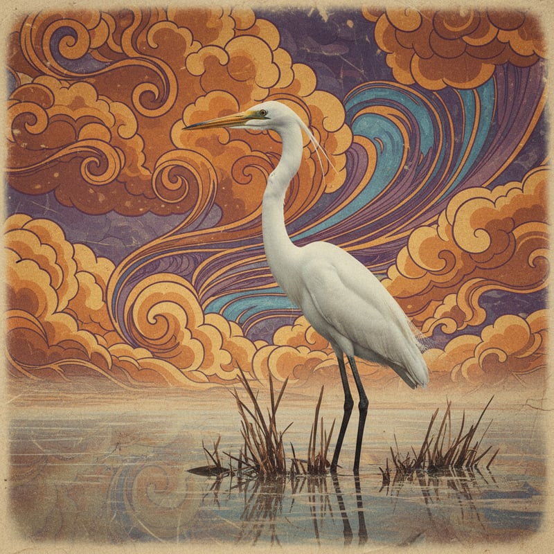White Heron in Reeds at Sunset