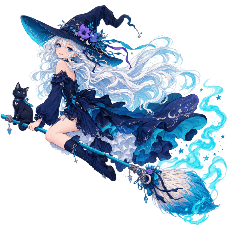 Anime-Style Witch on Turquoise Broom