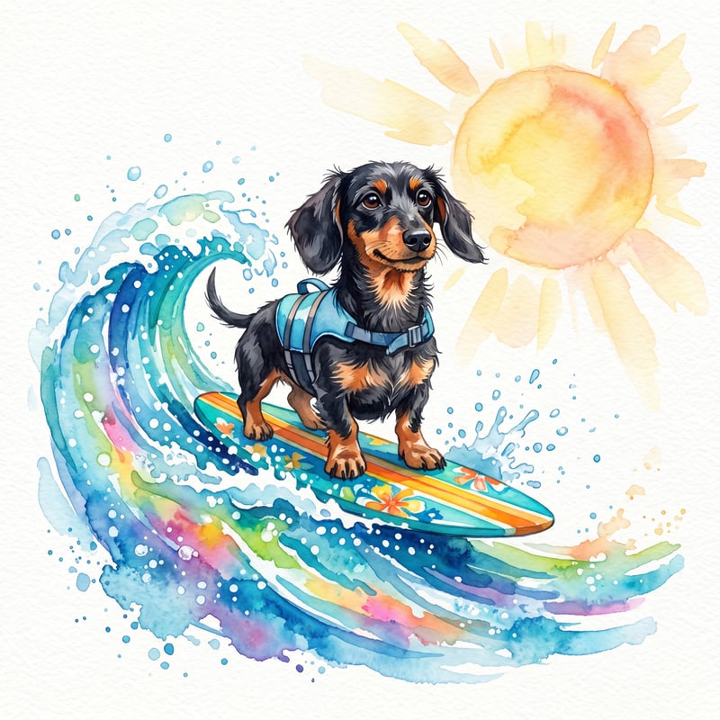 Dachshund Surfing Colorful Wave