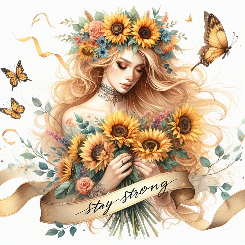 Romantic Watercolor Woman with Sunflowers
