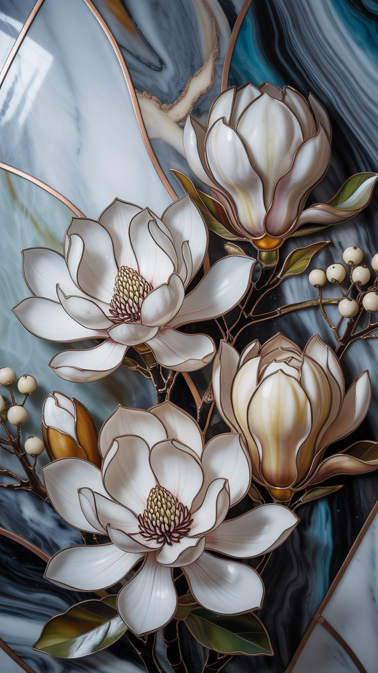 Stained Glass Magnolia Flowers Artwork
